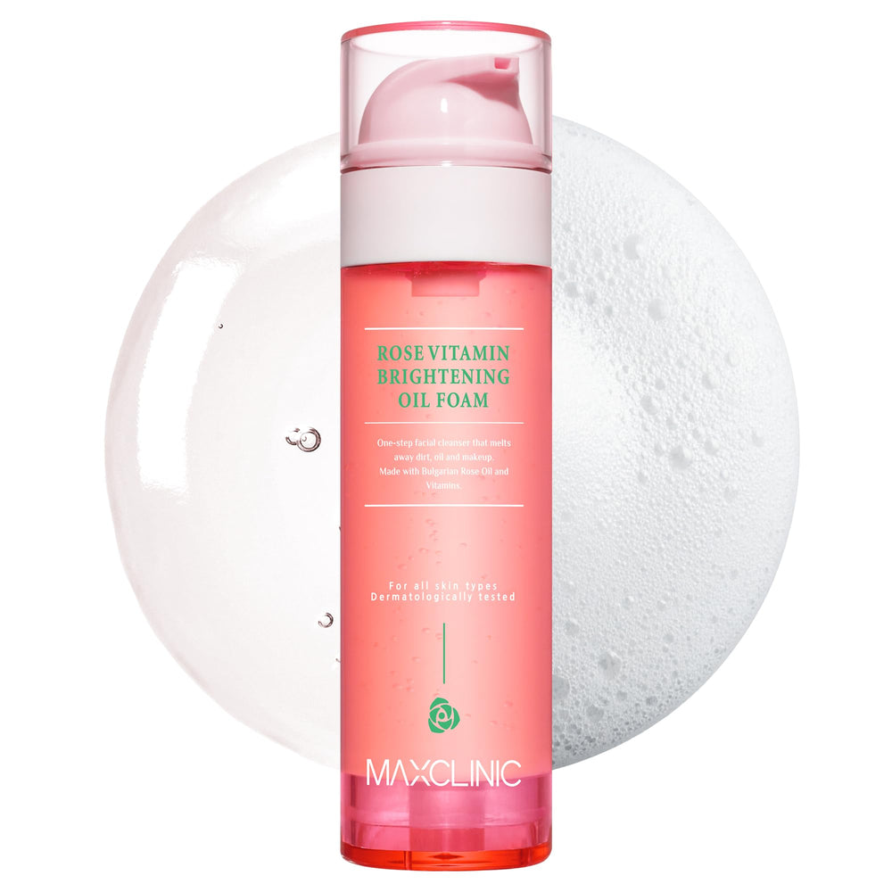 MAXCLINIC rose-vitamin-oil-to-foam bottle demonstrates makeup removal in one step