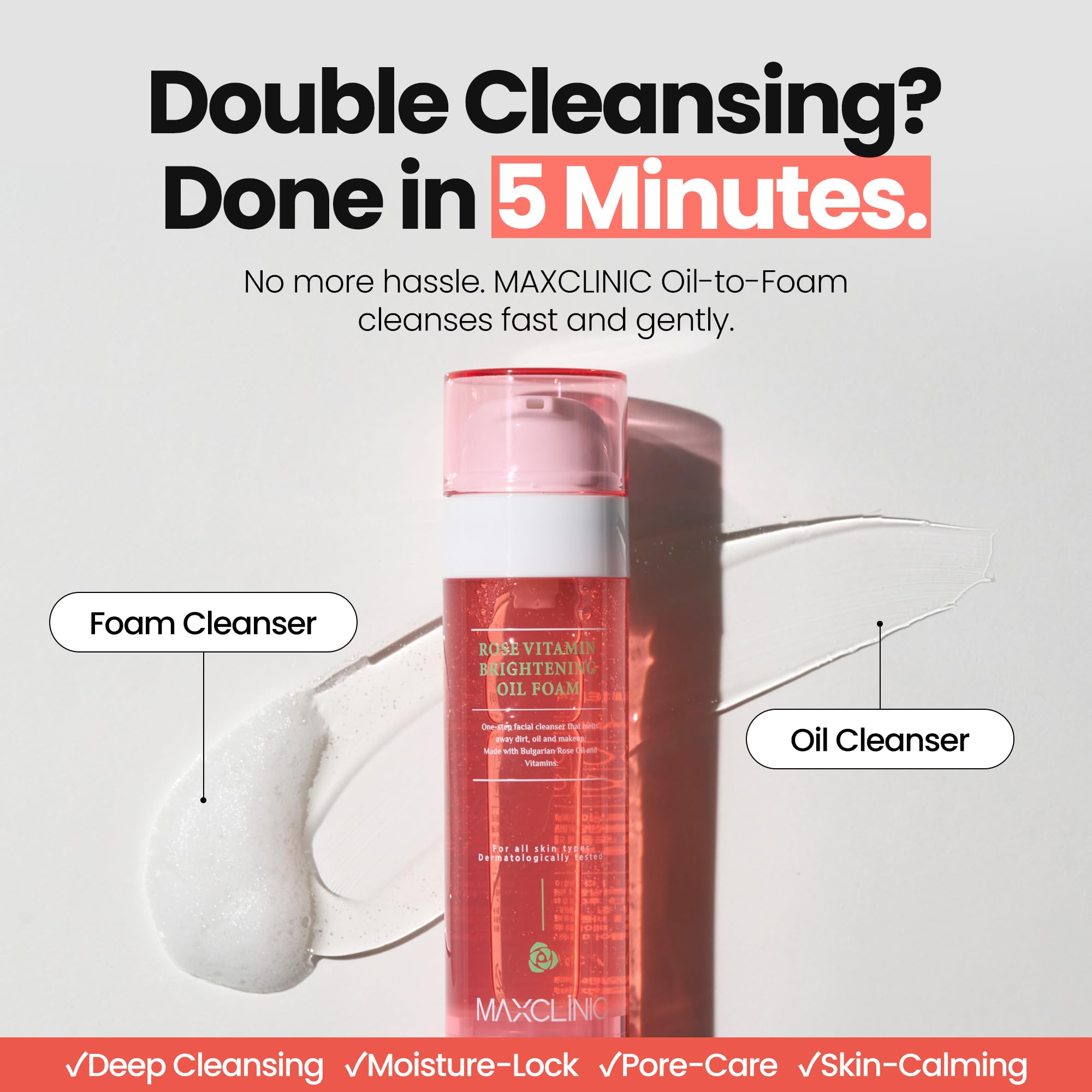 MAXCLINIC rose-vitamin-oil-to-foam pump highlights easy application and gentle cleansing