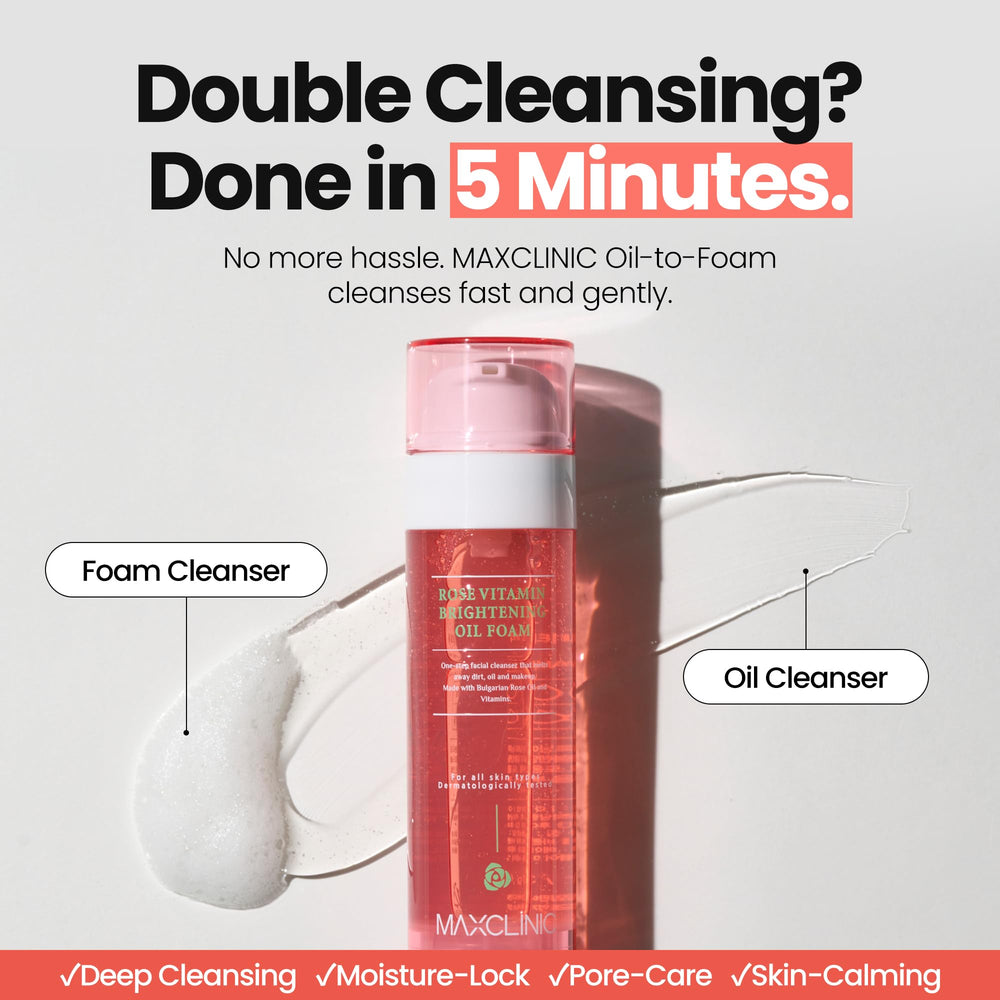 MAXCLINIC rose-vitamin-oil-to-foam pump highlights easy application and gentle cleansing