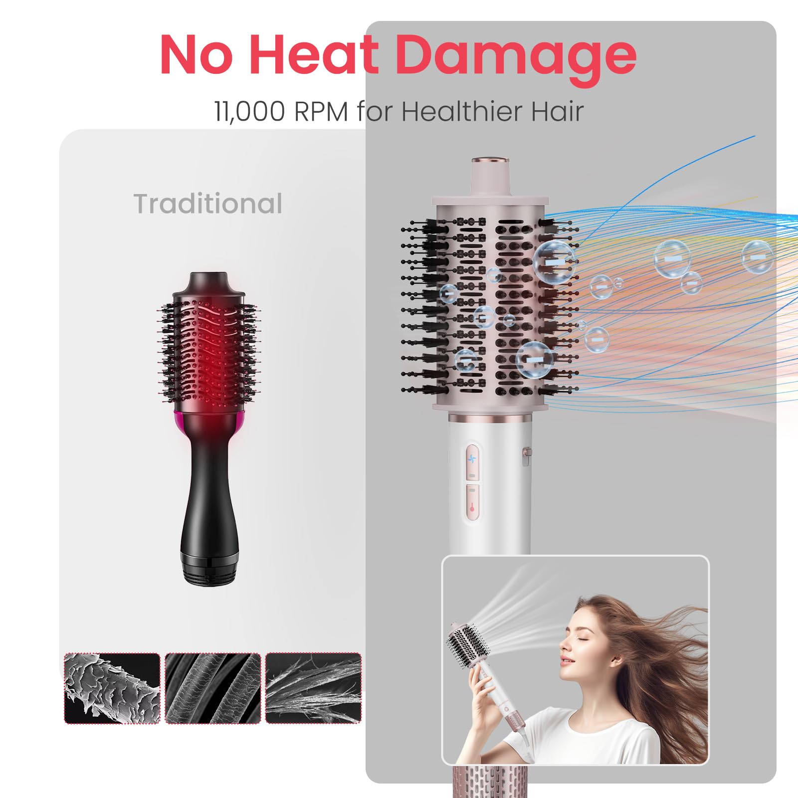 MaxGroom hair dryer brush ionic technology reduces frizz for smooth shine.