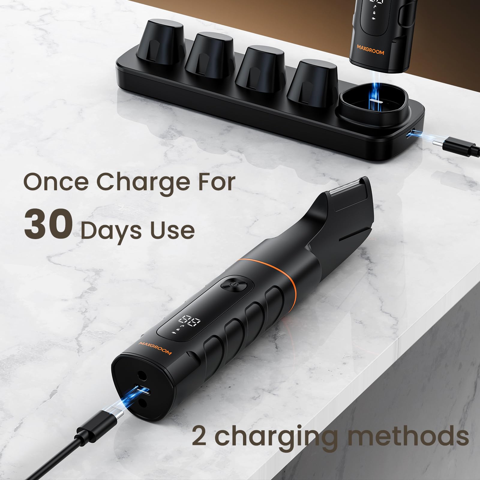 MAXGROOM smart LED display shows battery status for reliable grooming sessions.
