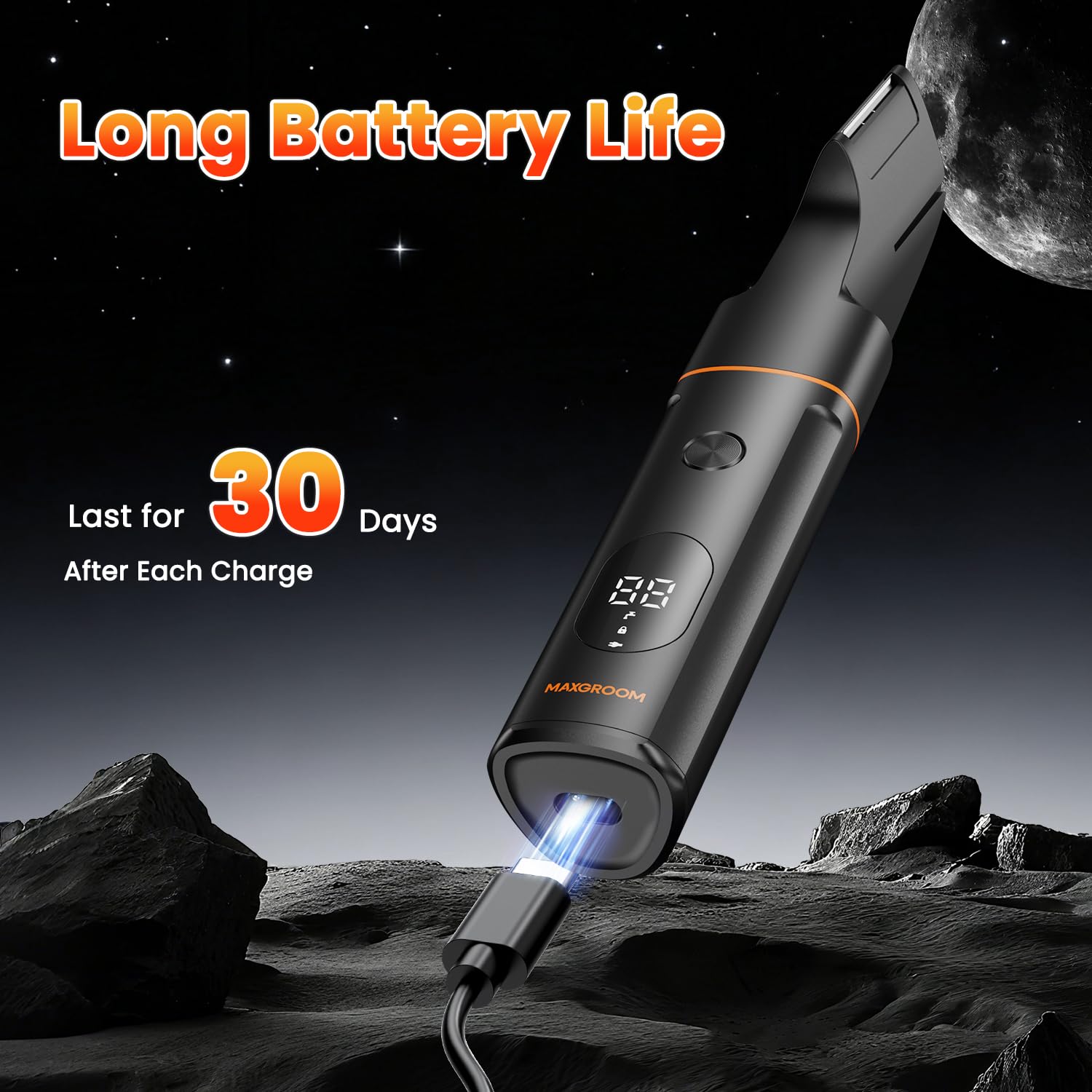 MAXGROOM trimmer demonstrating long battery life for cordless use.