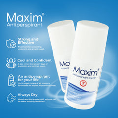 MAXIM antiperspirant roll-on application shows fast, convenient, fragrance-free protection.