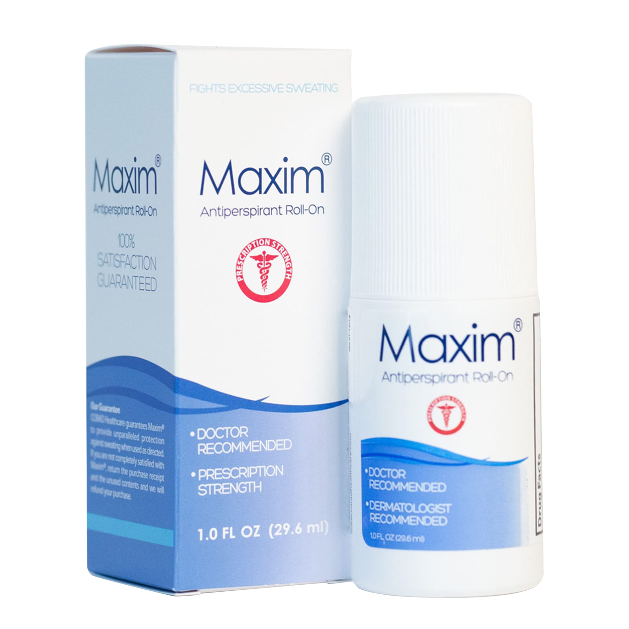 MAXIM clinical-strength antiperspirant bottle demonstrates strong sweat control for daily wear.