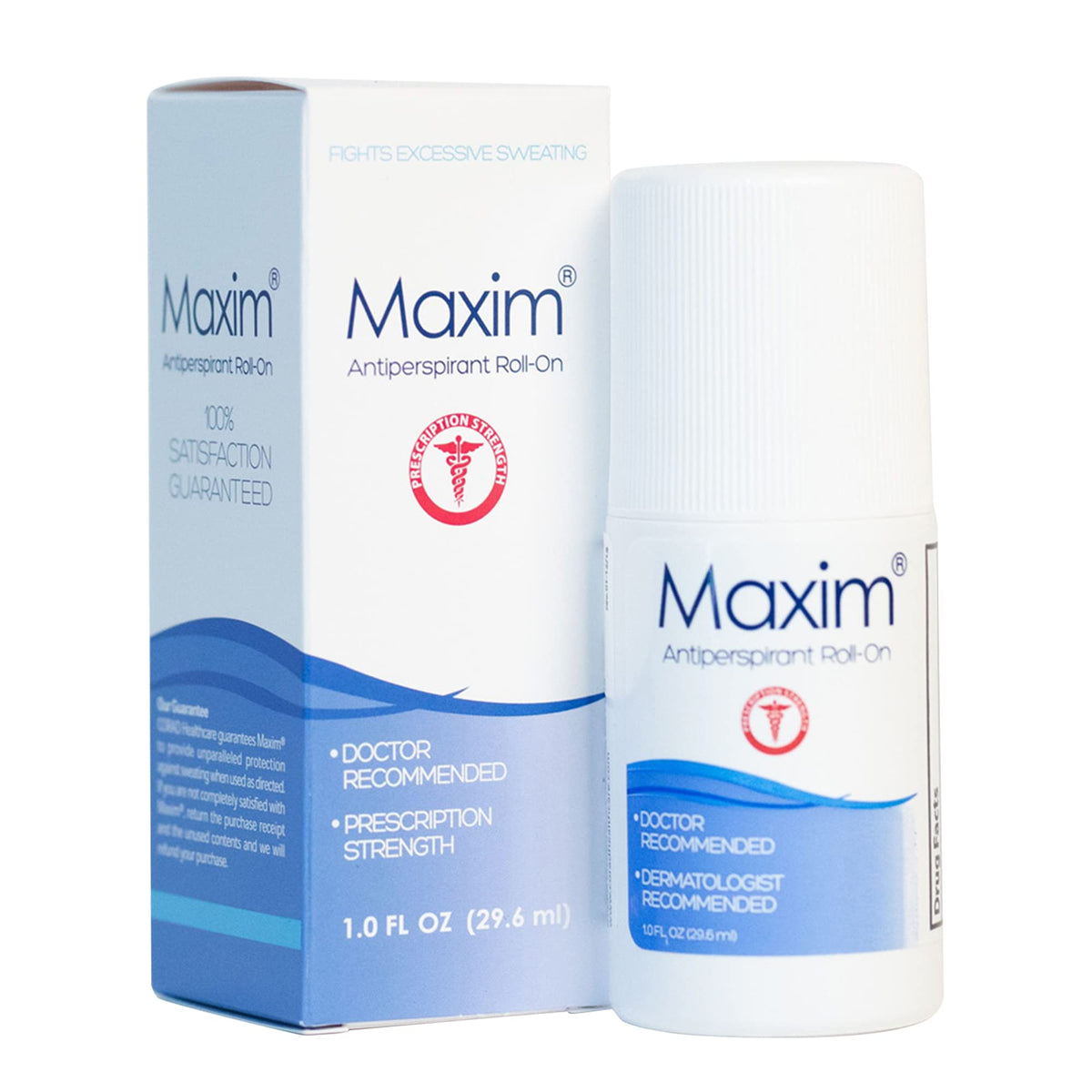 MAXIM clinical-strength antiperspirant bottle demonstrates strong sweat control for daily wear.