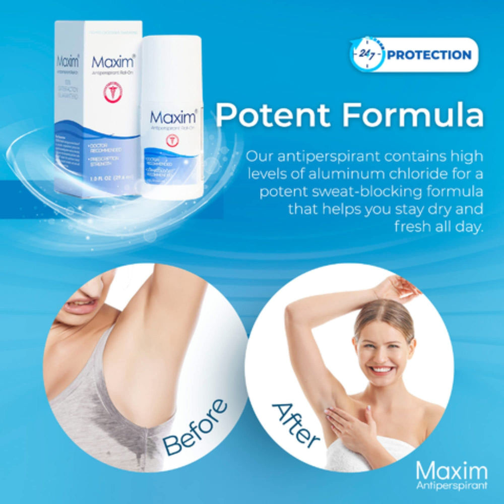 MAXIM sweat-block formula close-up illustrating long-lasting protection.