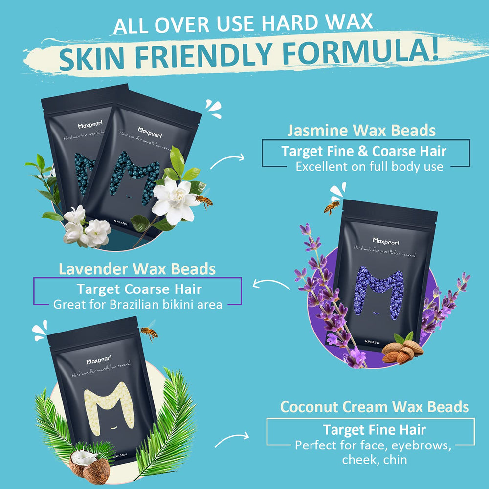 Maxpearl jasmine blue wax beads tackle back, arms, and legs waxing for coarse hair.