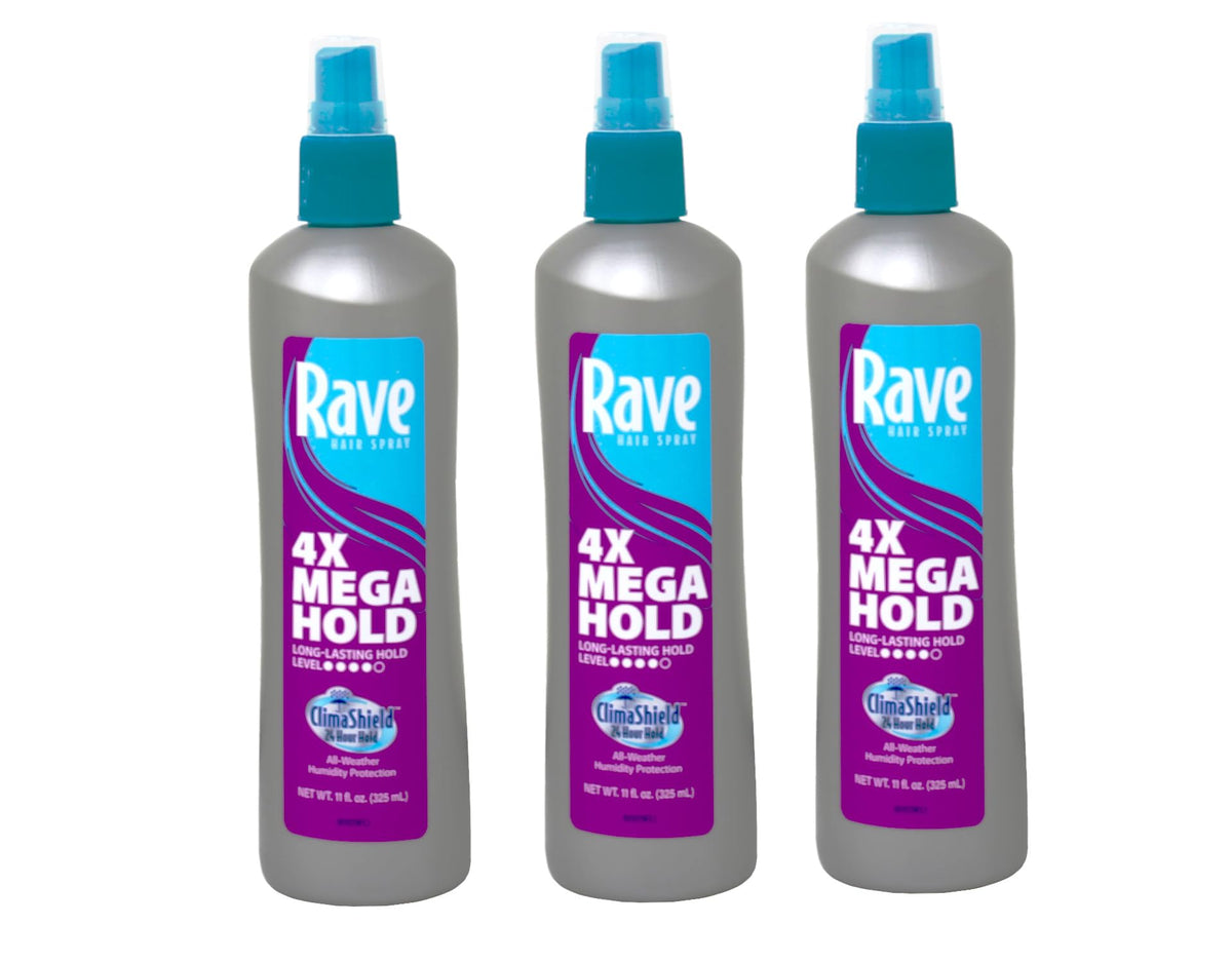 Maxtrv Rave 4X Mega Hairspray can closeup demonstrates strong hold for lasting style