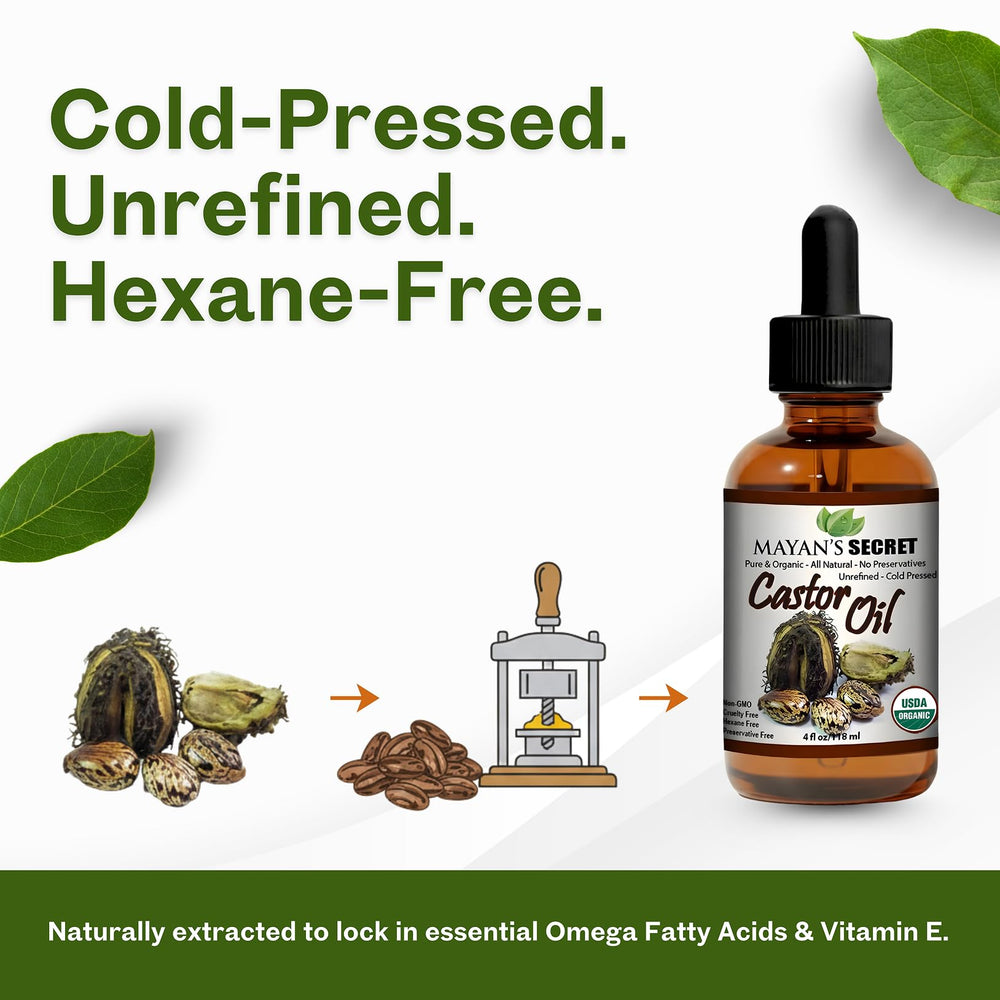 Mayan's Secret amber packaging showcases hexane-free organic castor oil protection