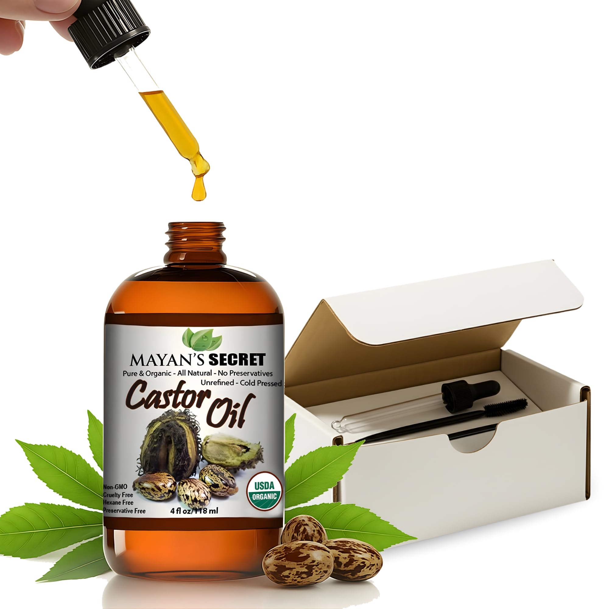 Mayan's Secret castor oil amber bottle front for deep hydration for hair and skin