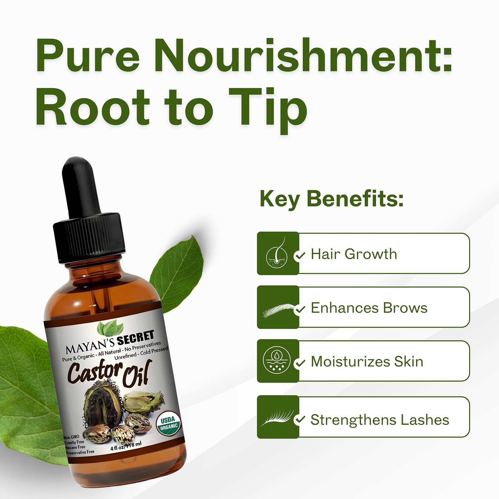 Mayan's Secret cold-pressed castor oil ingredient closeup emphasizes vitamins and fatty acids