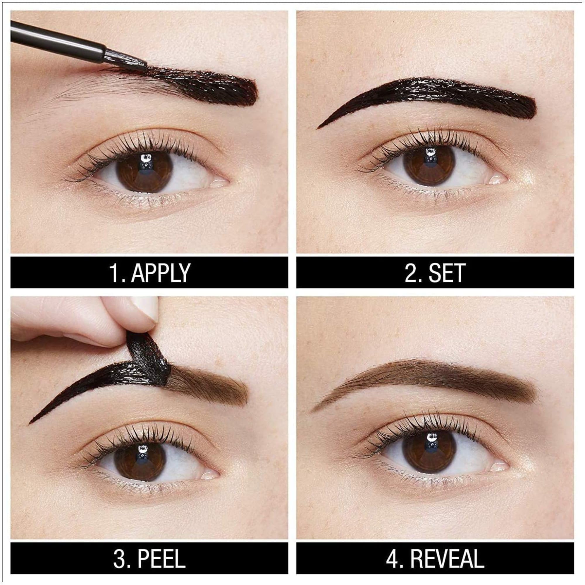 Maybelline Brow Tattoo packaging showcases Dark Brown shade for at-home tinting.