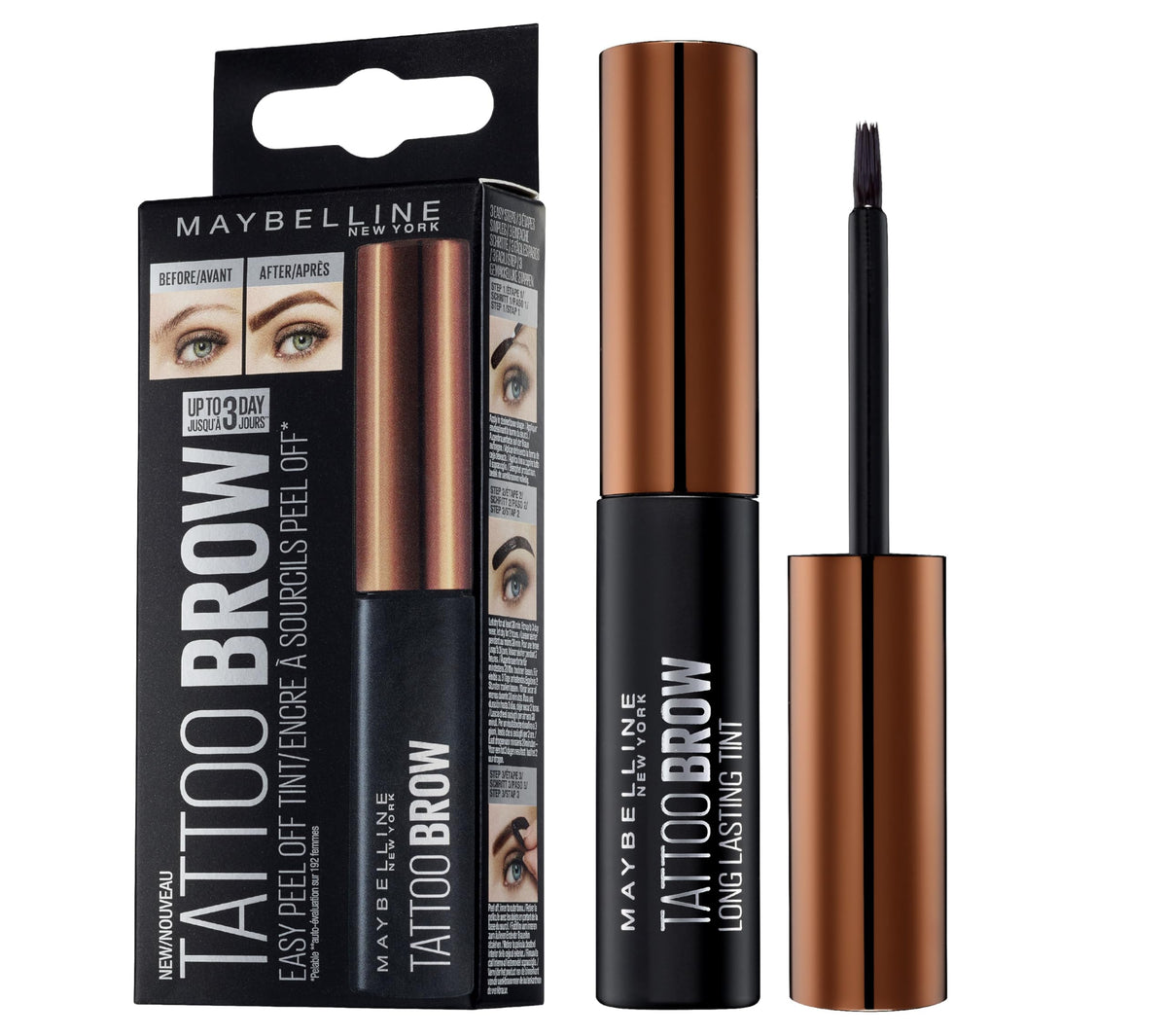 Maybelline Brow Tattoo light brown bottle showing long-lasting tint for daily wear