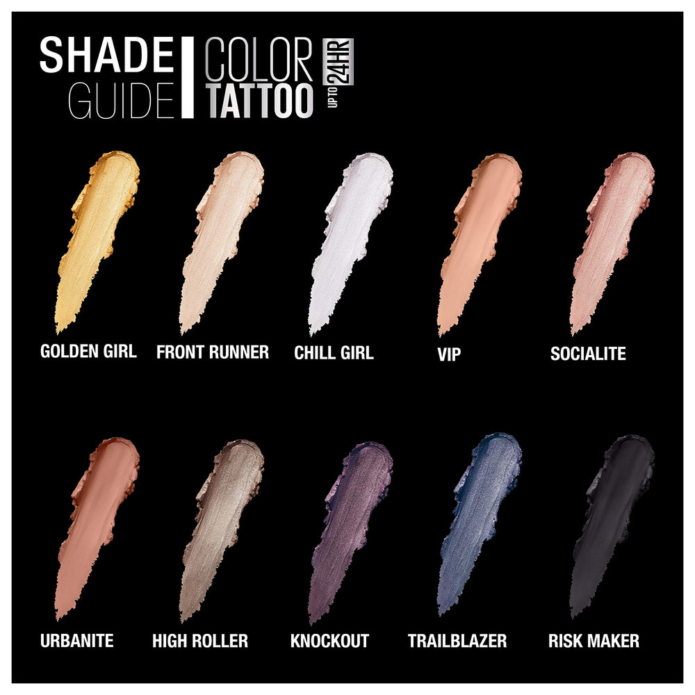 Maybelline Color Tattoo crease-resistant formula closeup emphasizes high pigment payoff.