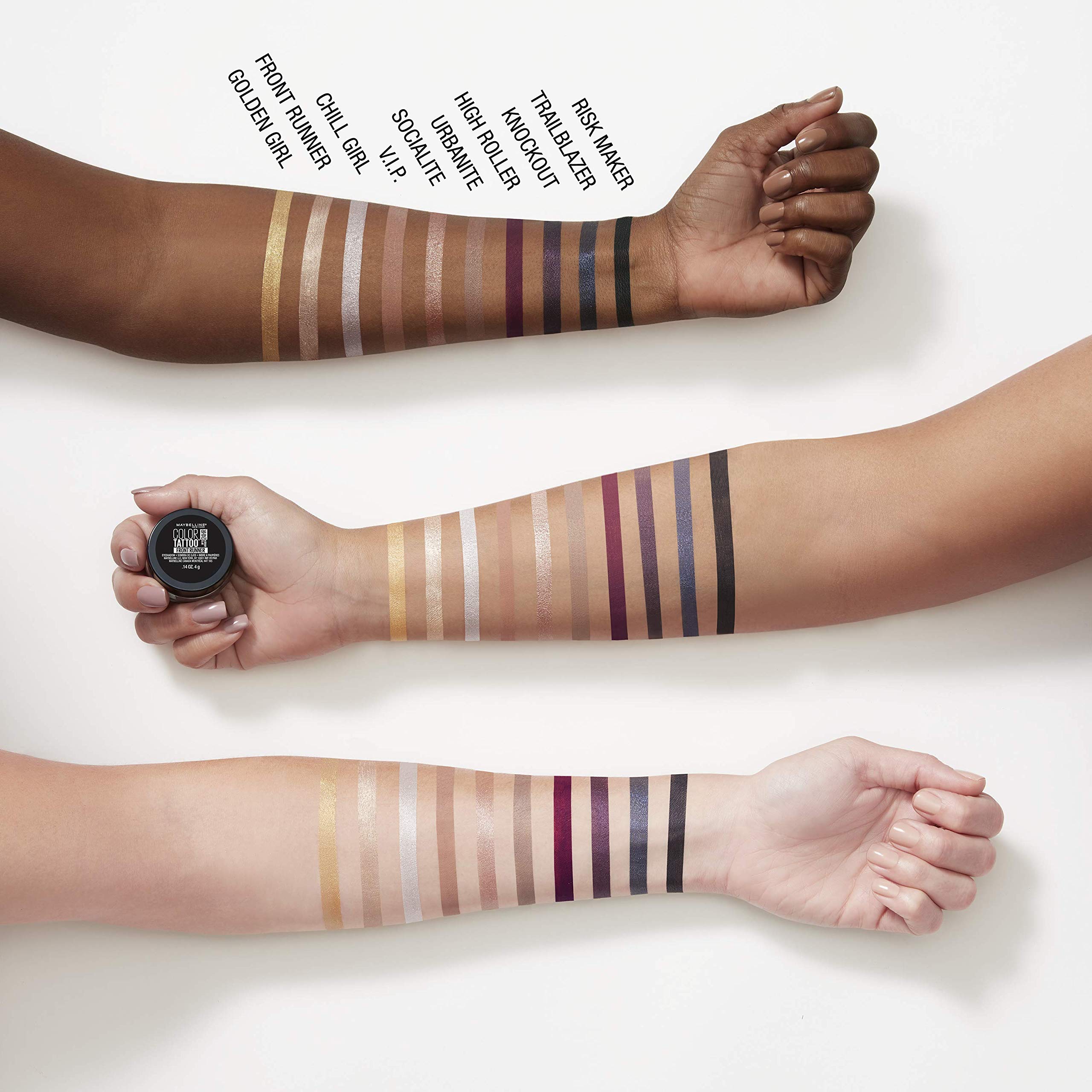 Maybelline Color Tattoo layering swatch demonstrates shade versatility for creative looks.