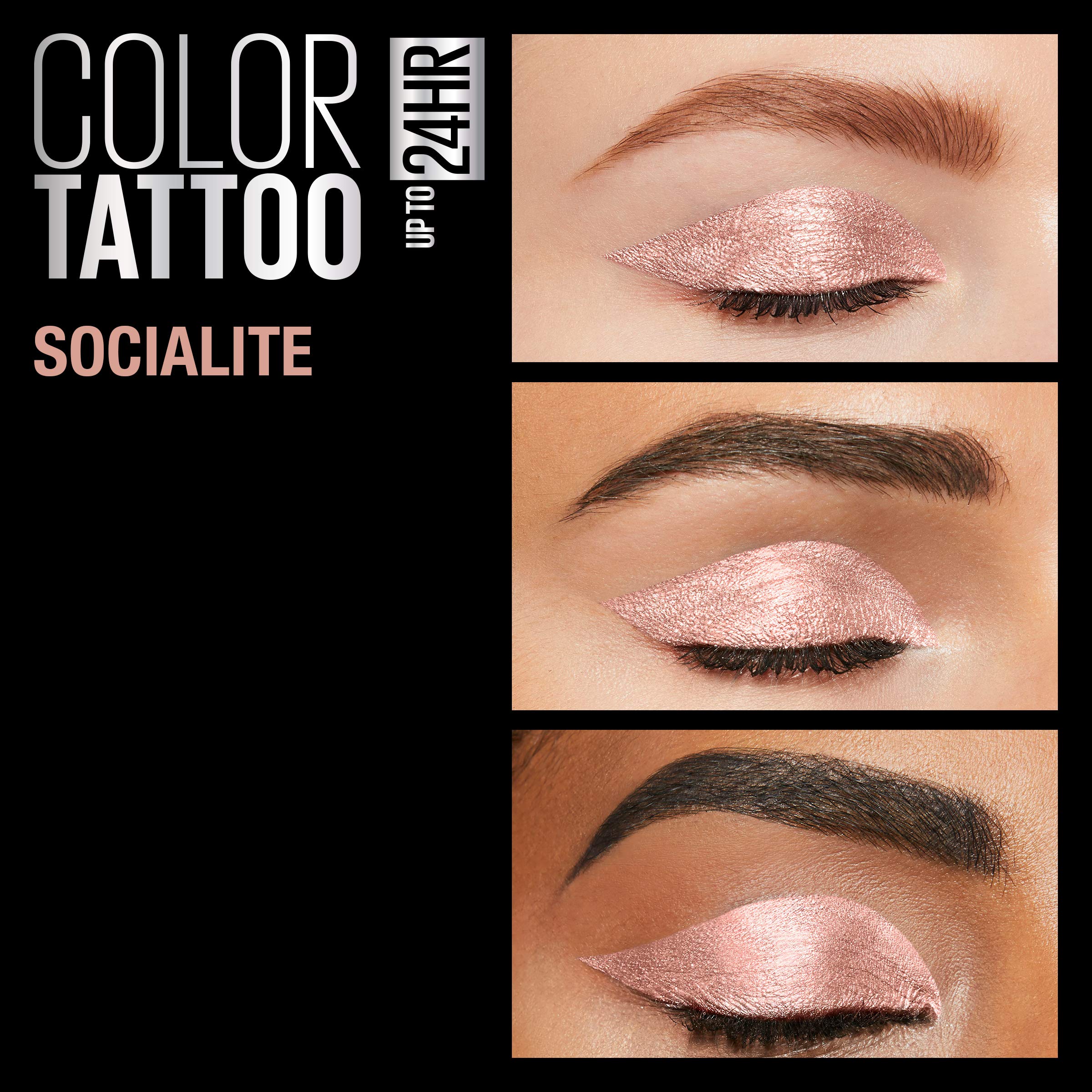 Maybelline Color Tattoo Socialite longwear 24hr look showcases seamless blending and stay-power.