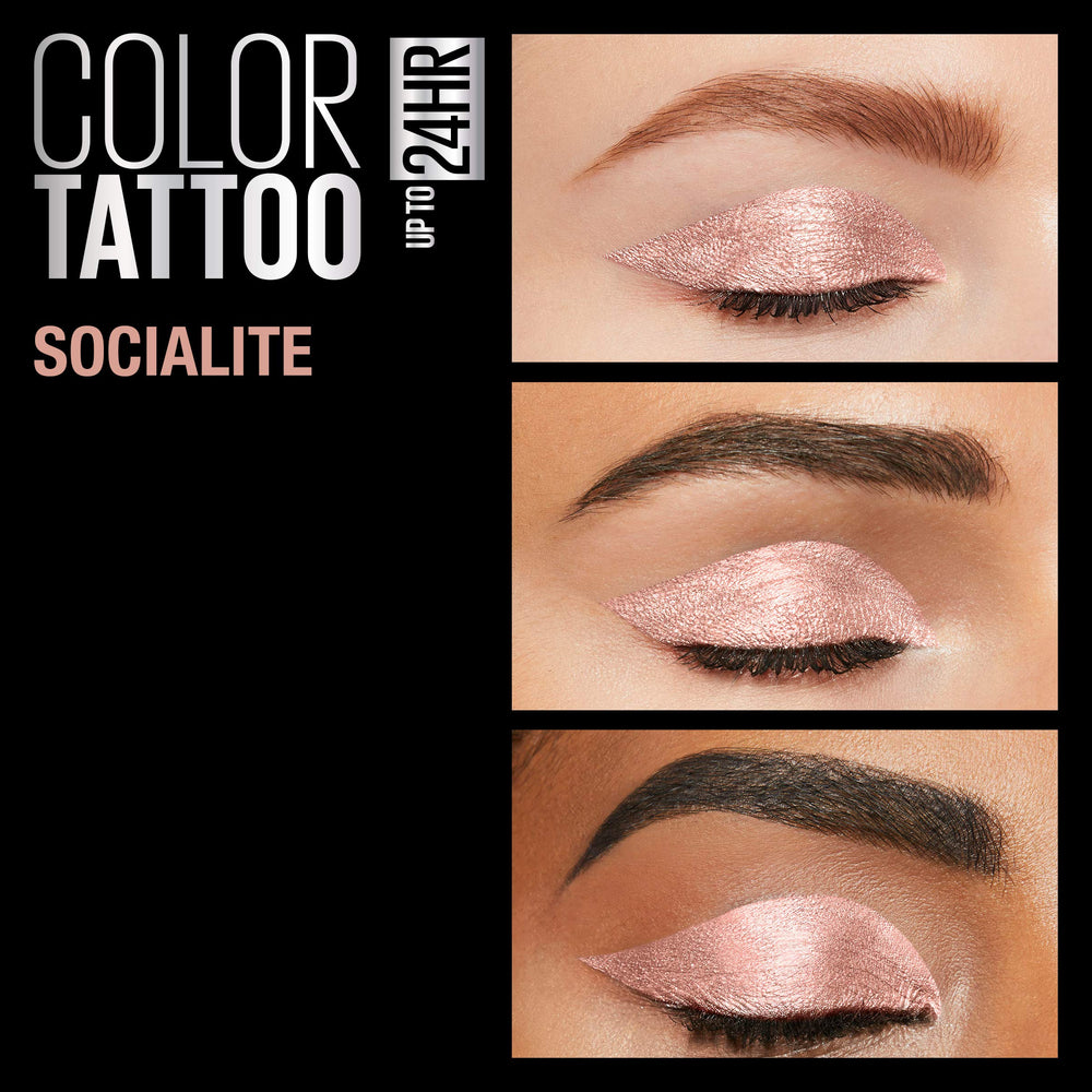 Maybelline Color Tattoo Socialite longwear 24hr look showcases seamless blending and stay-power.