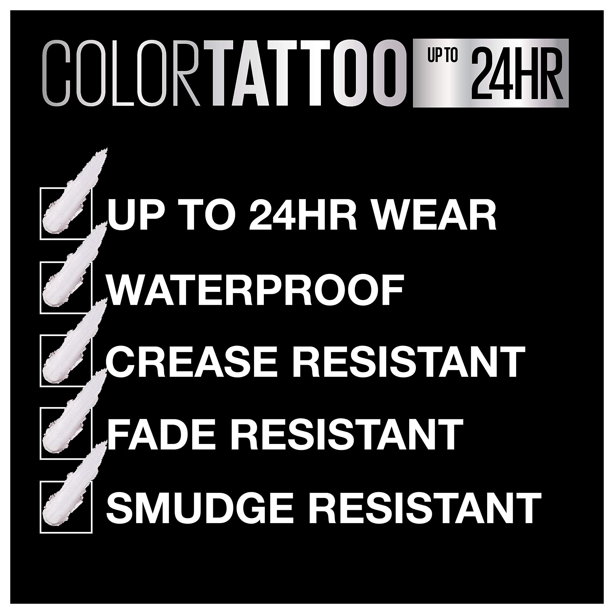 Maybelline Color Tattoo matte/metallic shimmer finishes offer versatile eye looks.