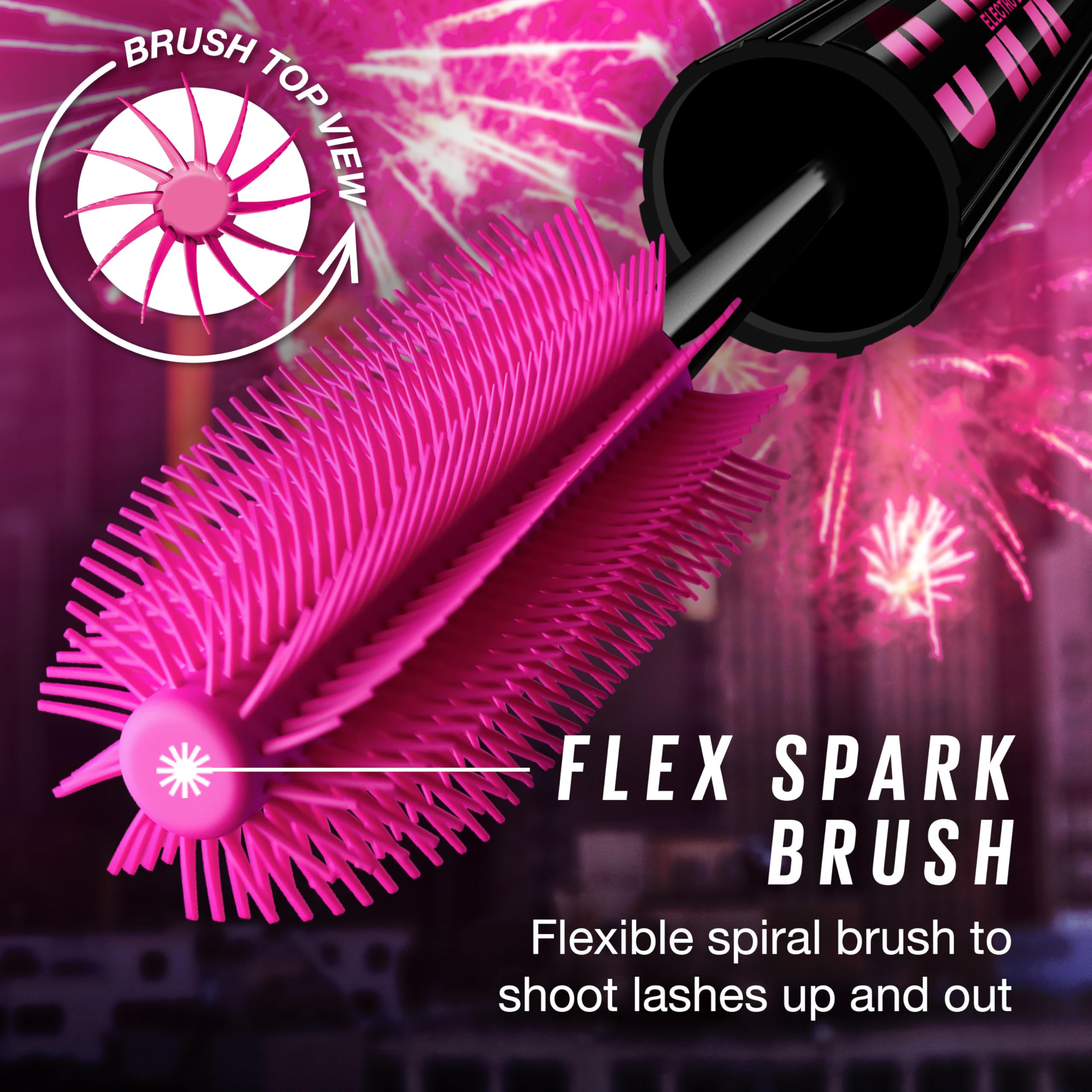 Maybelline Electro Black mascara wand delivers rich pigment and shine.