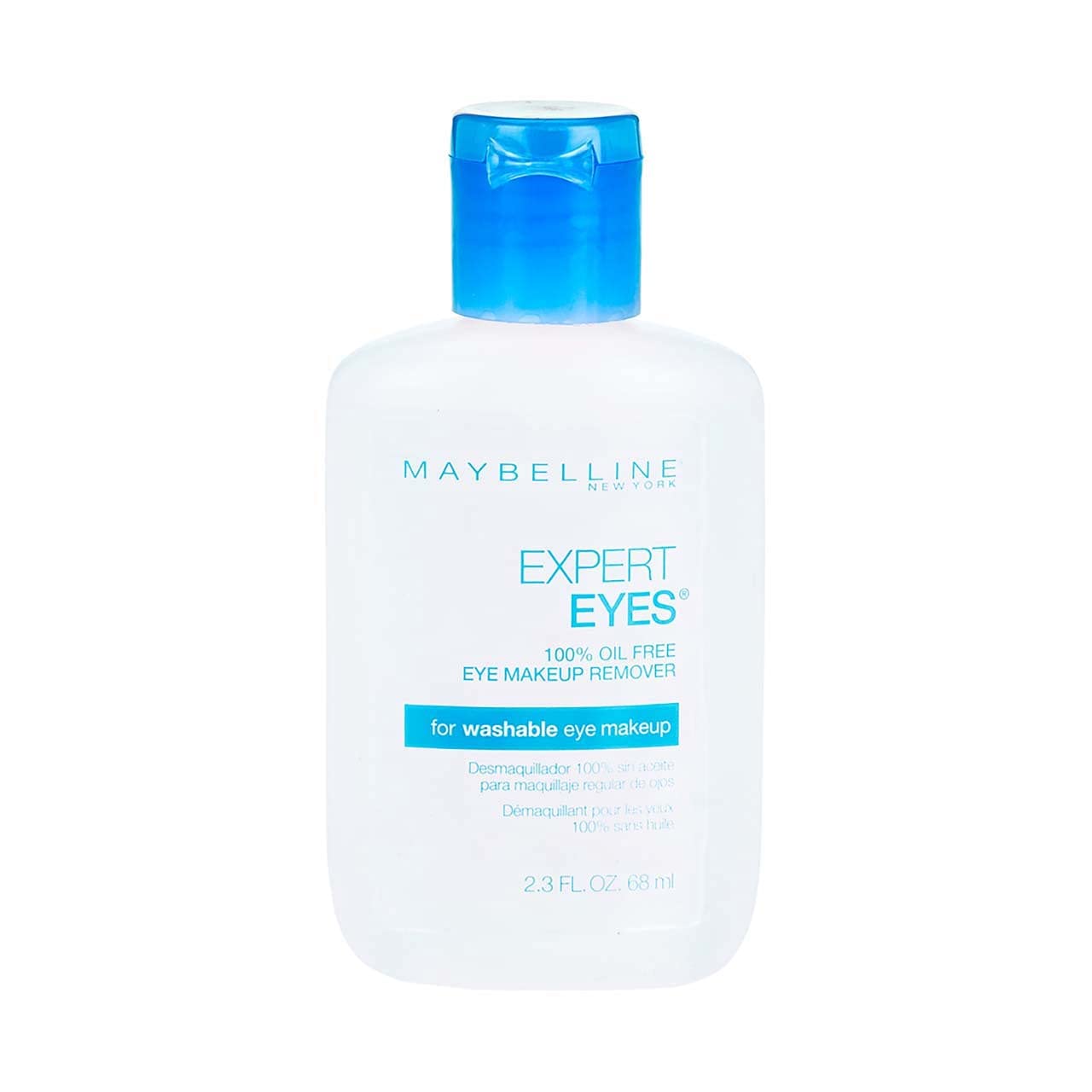 Maybelline Expert Eyes oil-free remover closeup highlights gentle eye makeup removal.
