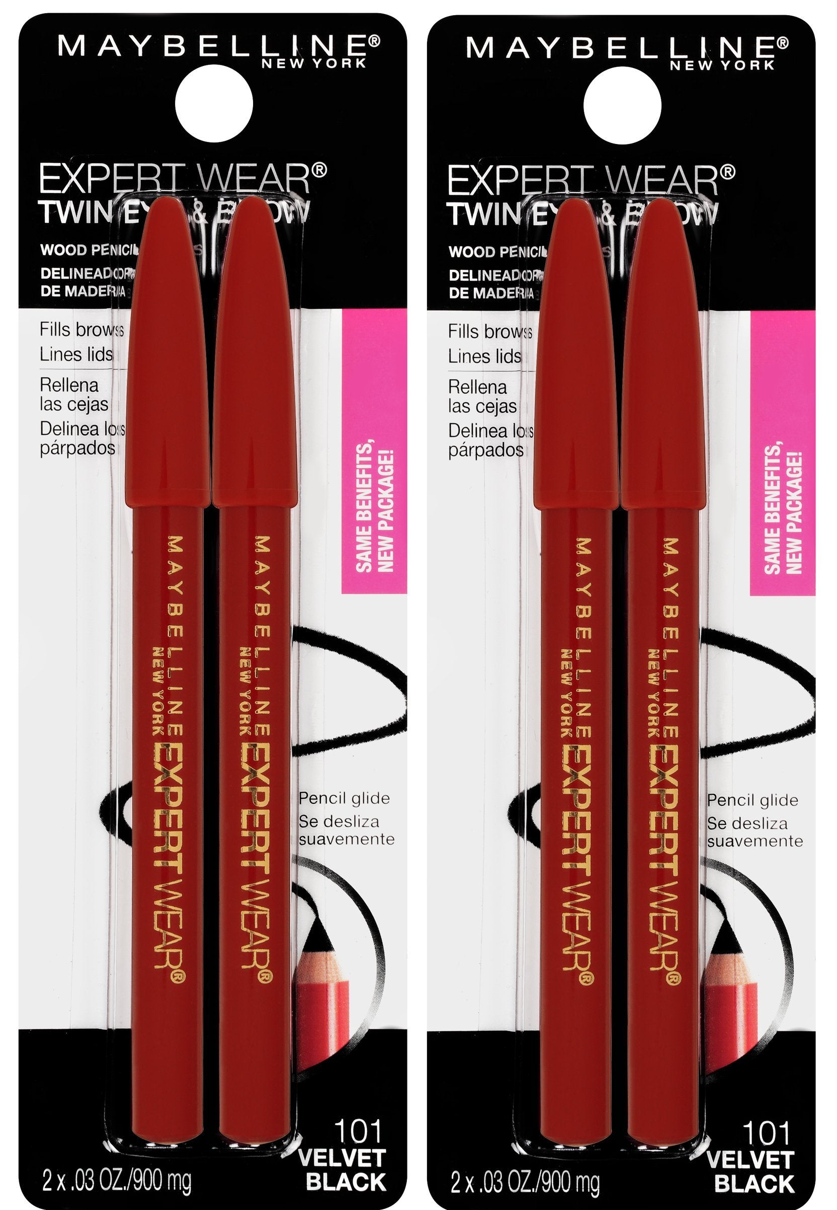 Maybelline Expert Wear Twin Brow and Eye Pencil velvet black packaging shows longwear waterproof performance.