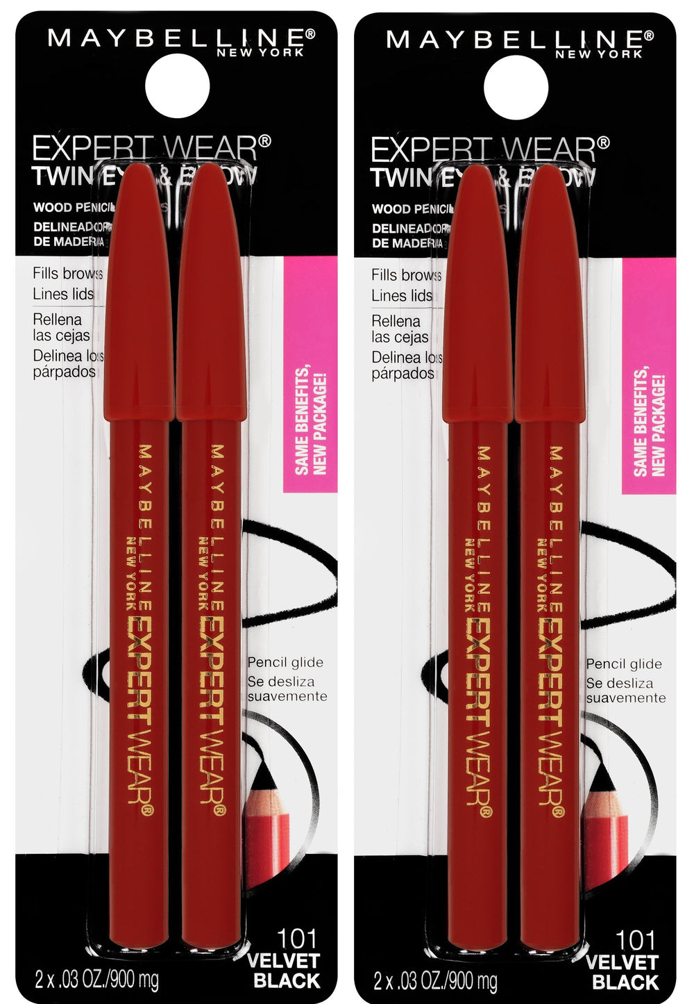 Maybelline Expert Wear Twin Brow and Eye Pencil velvet black packaging shows longwear waterproof performance.