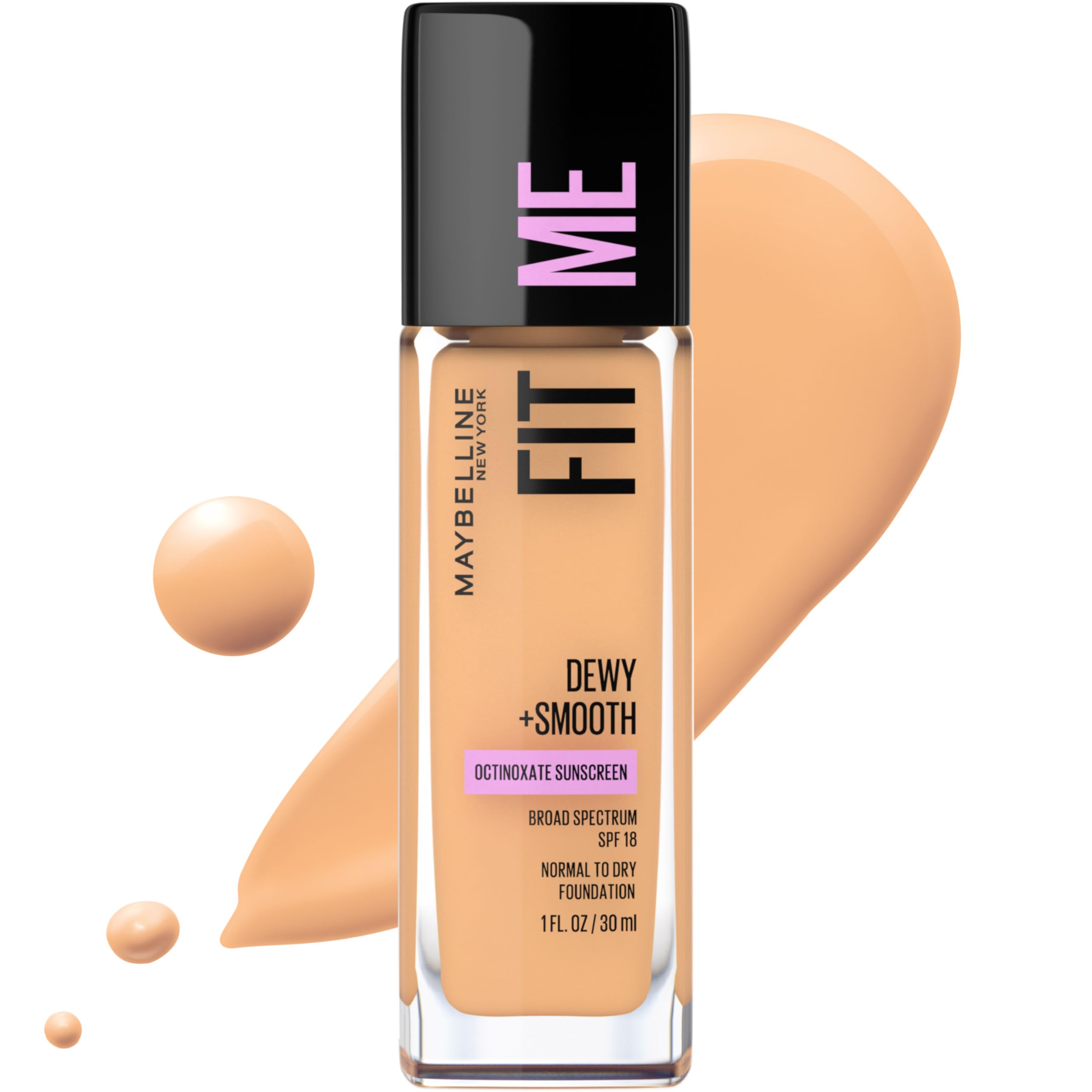 Maybelline Fit Me foundation bottle highlights hydrating, natural glow and easy blending