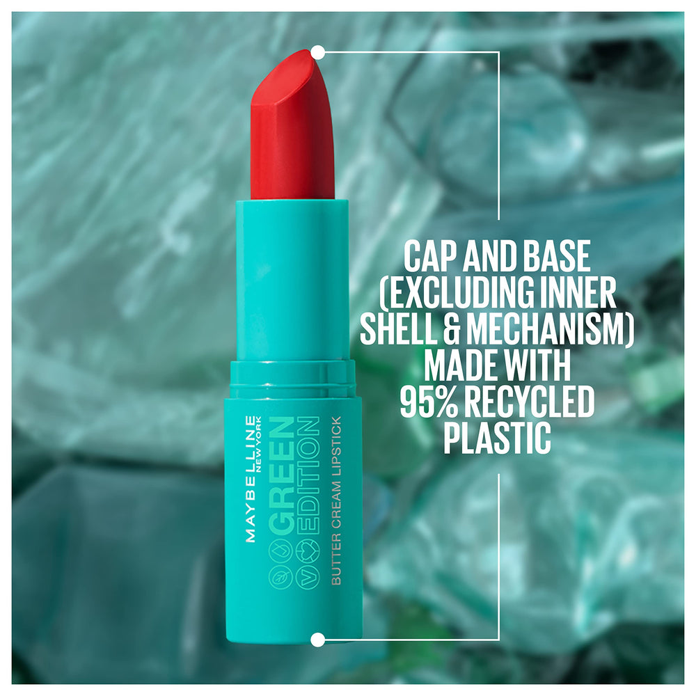 Maybelline Green Edition Forest shade on lips shows long-wear comfort.