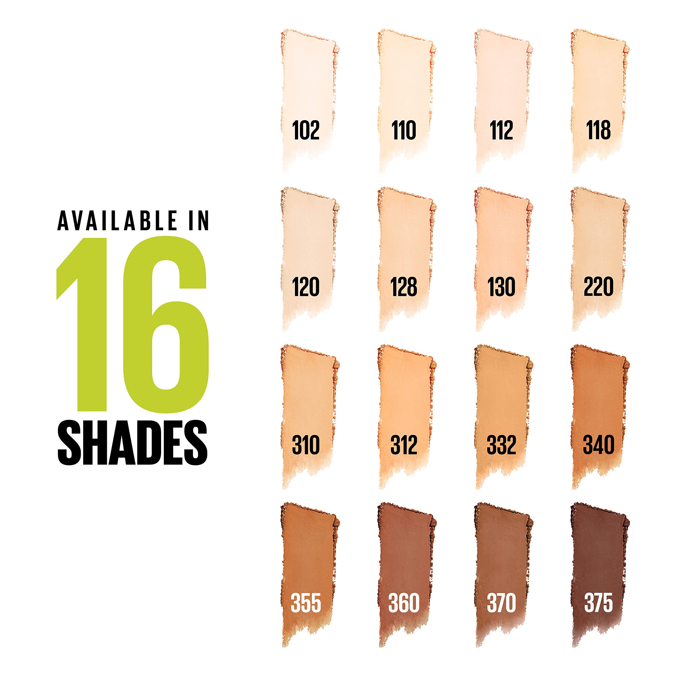 Maybelline Super Stay Hybrid Powder Foundation 16-shade display highlights diverse skin tones.