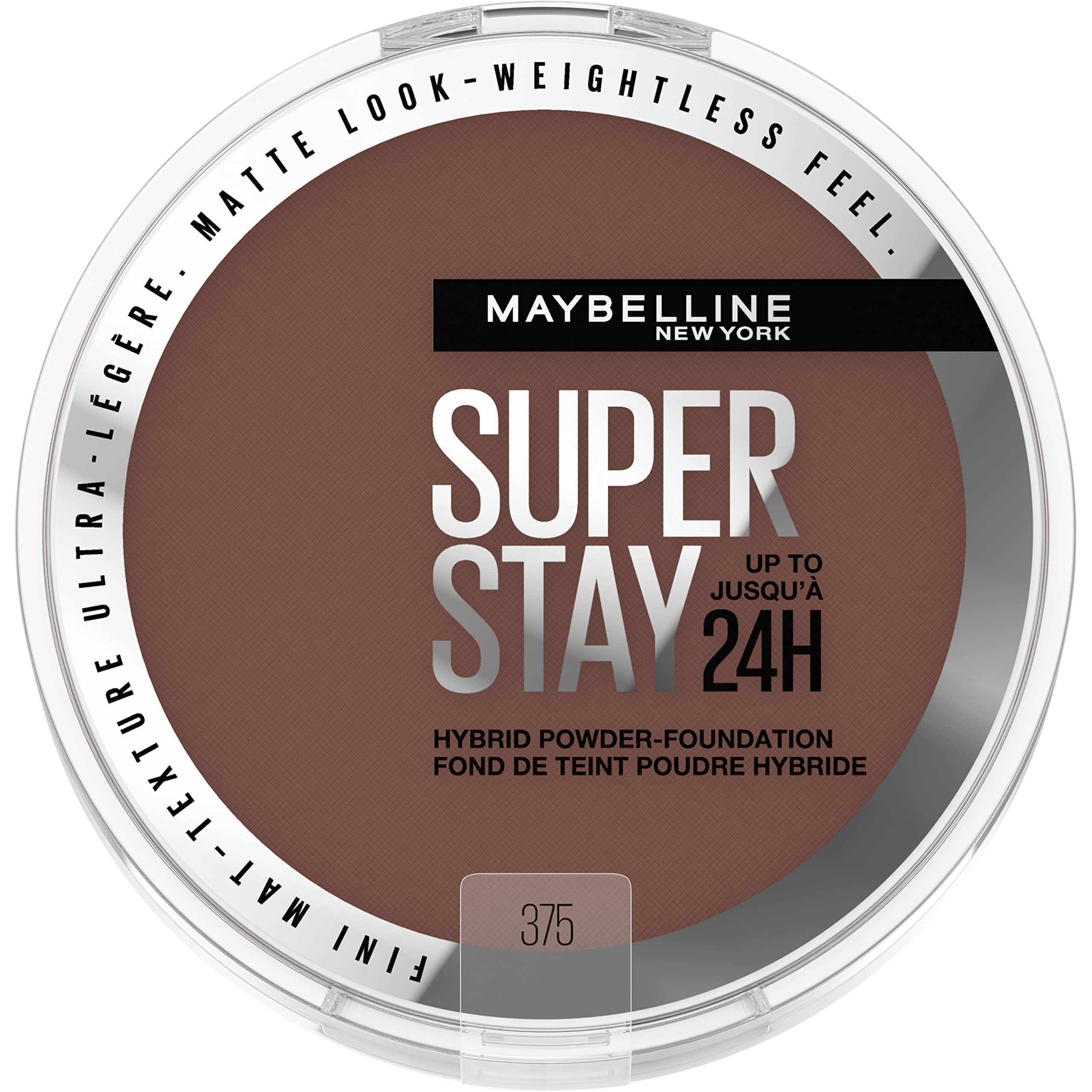 Maybelline Super Stay Hybrid Powder Foundation compact open lid for quick, matte touch-ups.