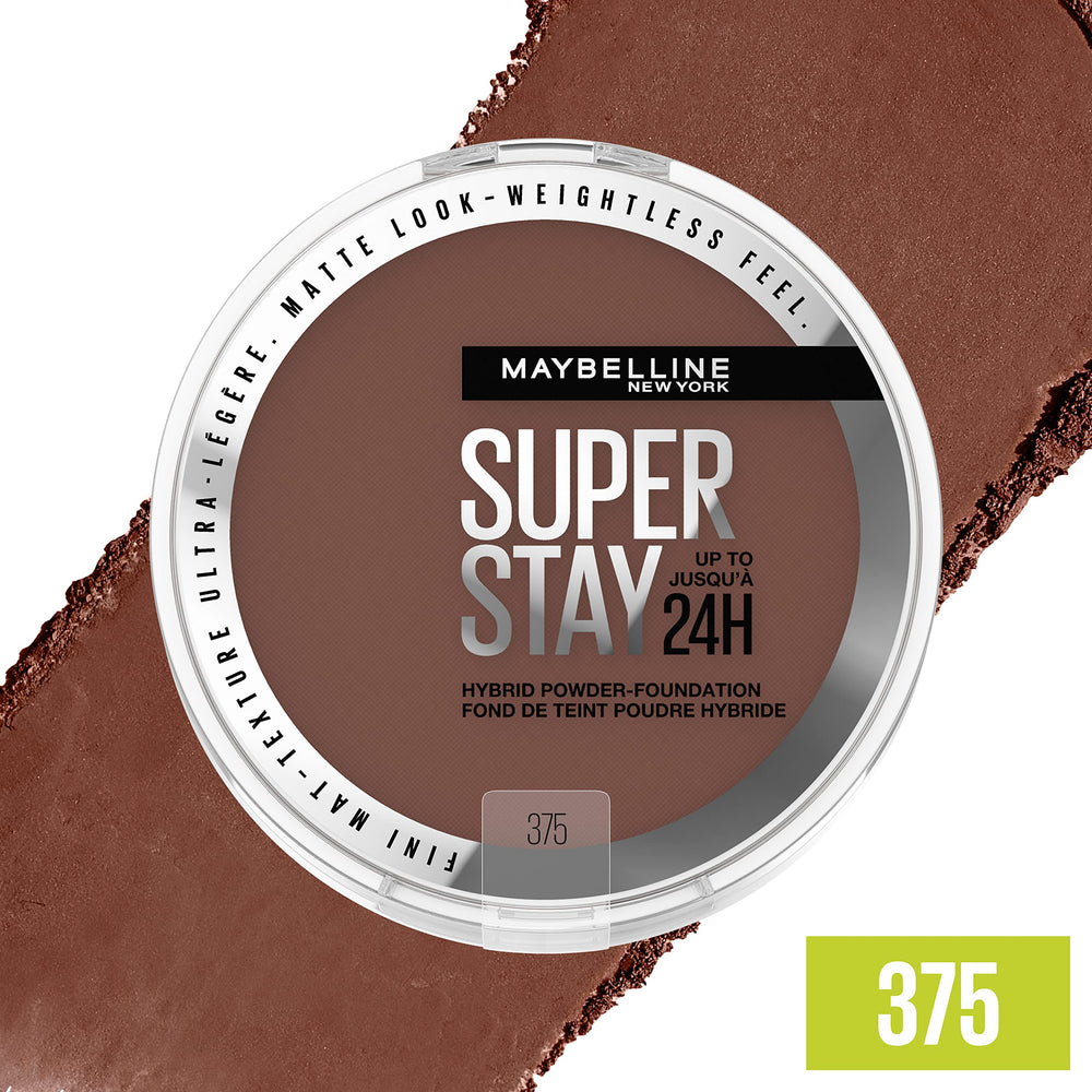 Maybelline Super Stay Hybrid Powder Foundation close-up shows soft matte finish on skin.