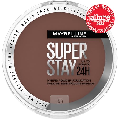 Maybelline Super Stay Hybrid Powder Foundation shade 375 swatches help find a medium-to-full match.