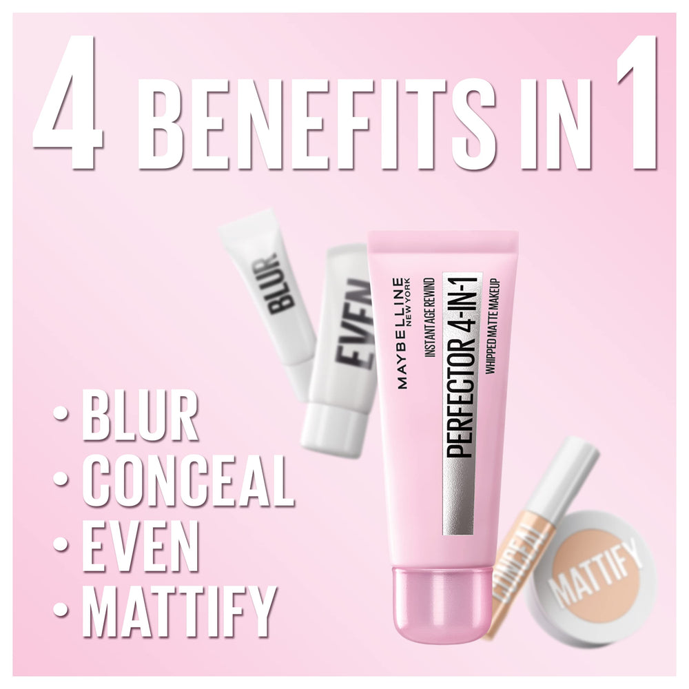 Maybelline Instant Age Rewind 4-in-1 Matte 02 Light/Medium swatch blended on skin.