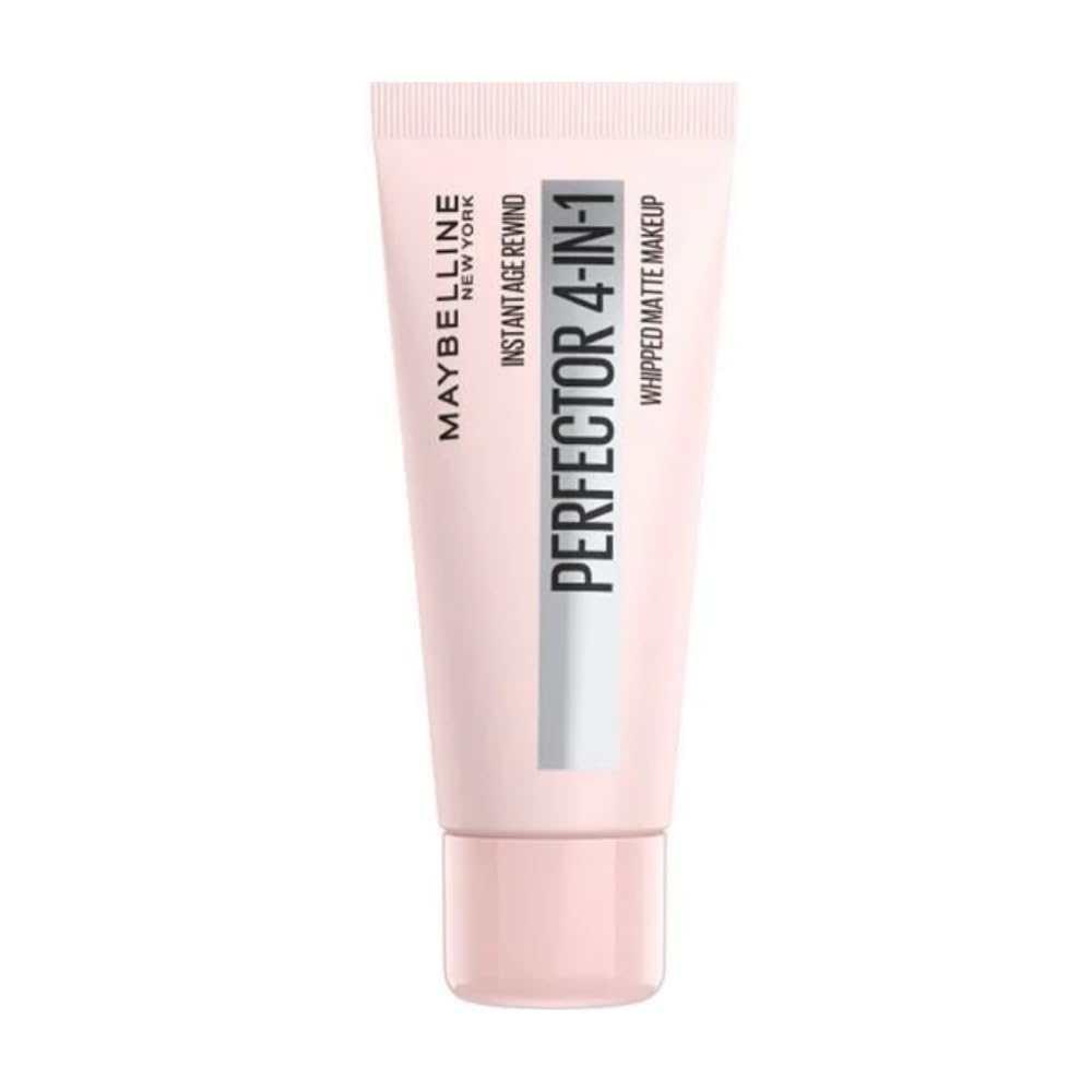 Maybelline Instant Age Rewind 4-in-1 Matte bottle demonstrates weightless, pore-blurring coverage for a perfected finish.