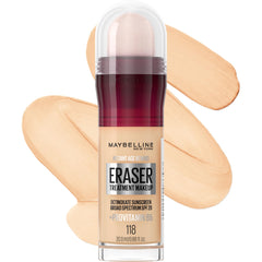 Maybelline Instant Age Rewind Eraser Foundation bottle close-up with SPF 20 for daily UV protection.