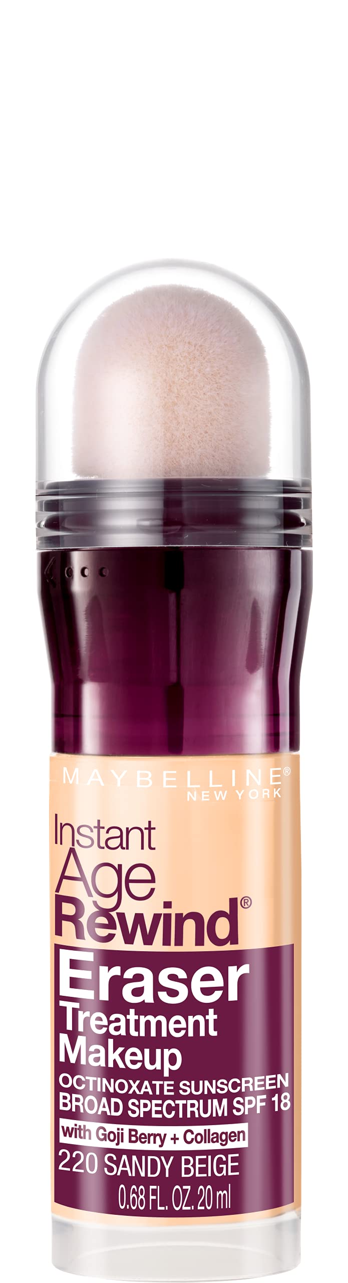 Maybelline Instant Age Rewind Foundation bottle in Sandy Beige for even tone