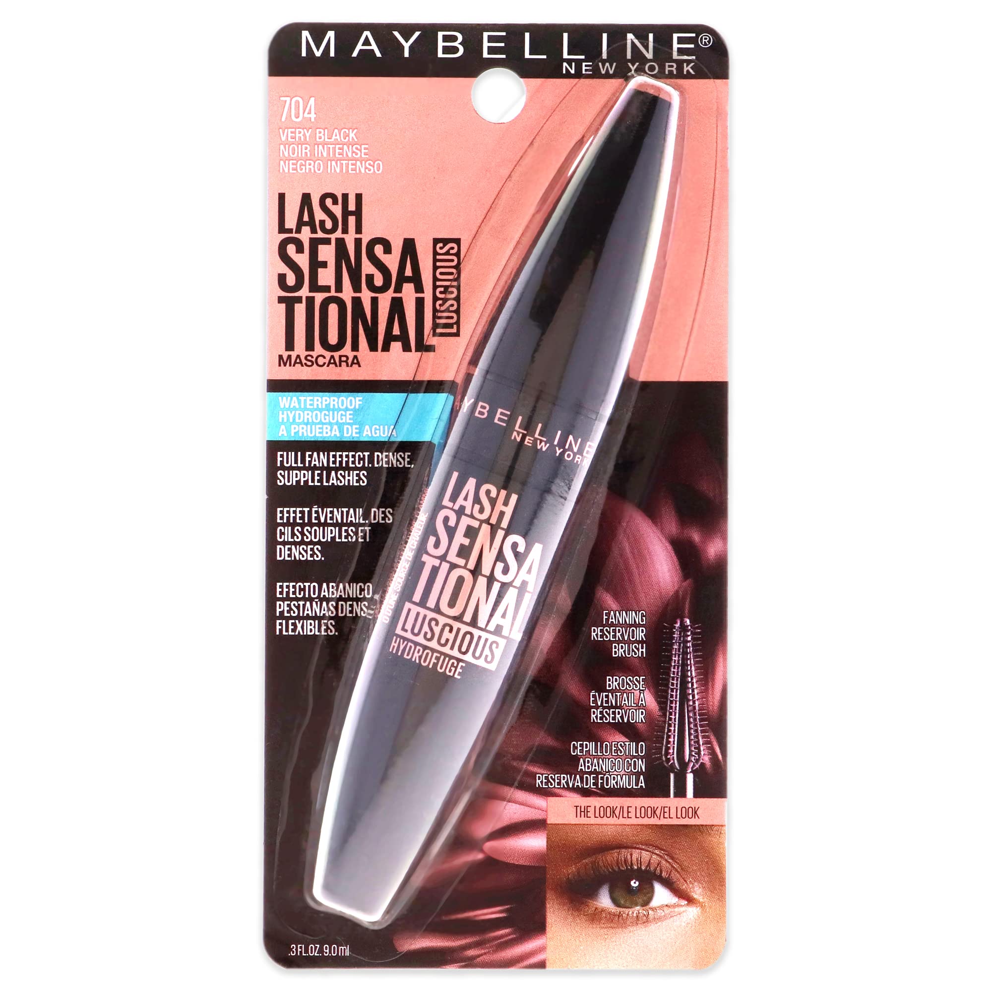 Maybelline Lash Sensational Luscious Waterproof Mascara brush close-up highlighting fanned lashes for a fuller look