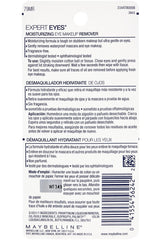 Maybelline Expert Eyes remover shown on cotton pad illustrating gentle cleansing without irritation