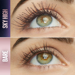 Maybelline Sky High mascara close-up shows lifted lashes with length and definition.