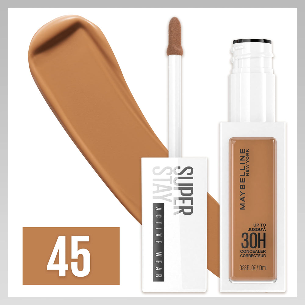Maybelline Super Stay Concealer swatches show 16 shades for diverse skin tones.