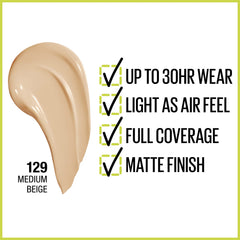 Maybelline Super Stay foundation application spread demonstrates smooth glide and quick-dry formula.