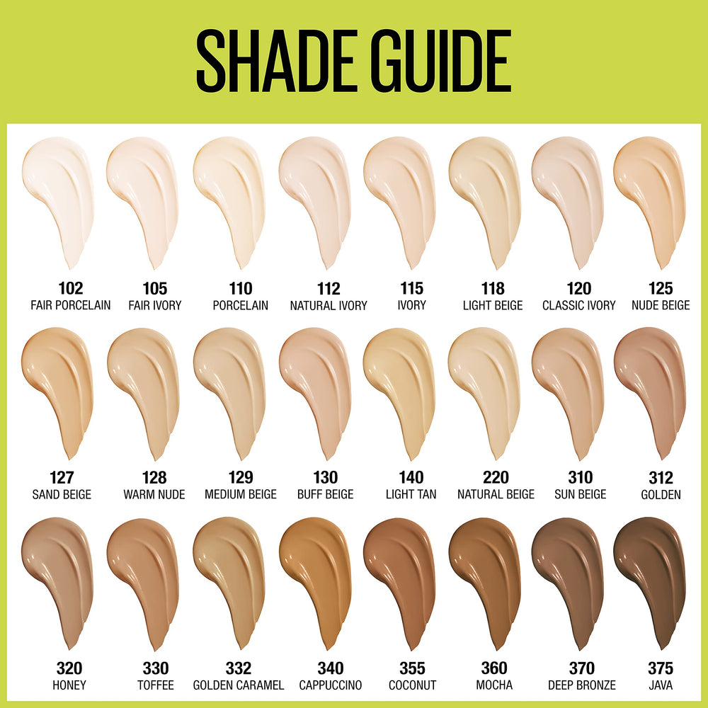 Maybelline Super Stay foundation packaging closeup highlights shade range and coverage.