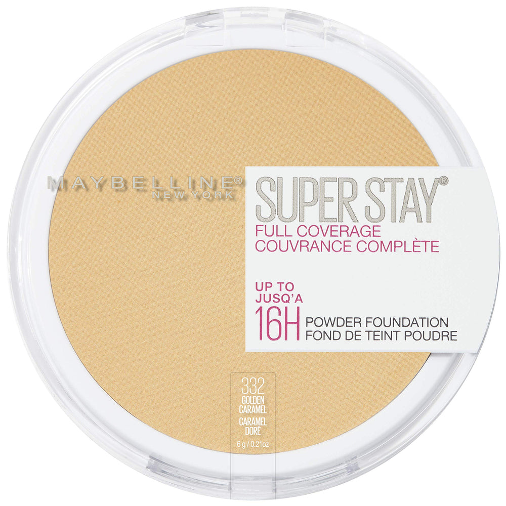 Maybelline Super Stay powder foundation in Golden Caramel compact delivers full coverage and matte finish.