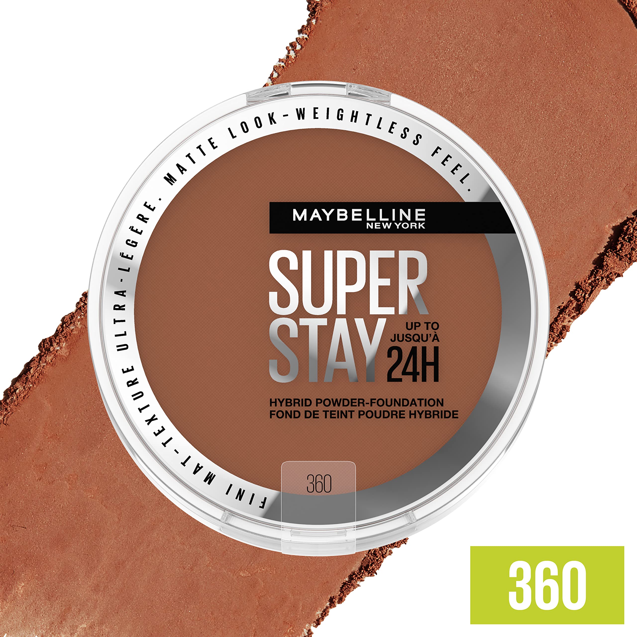 Maybelline Super Stay Hybrid Powder Foundation shade range display of 16 options