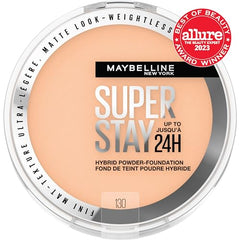 Maybelline Super Stay Hybrid Powder Foundation swatch on cheek demonstrates medium-to-full matte coverage
