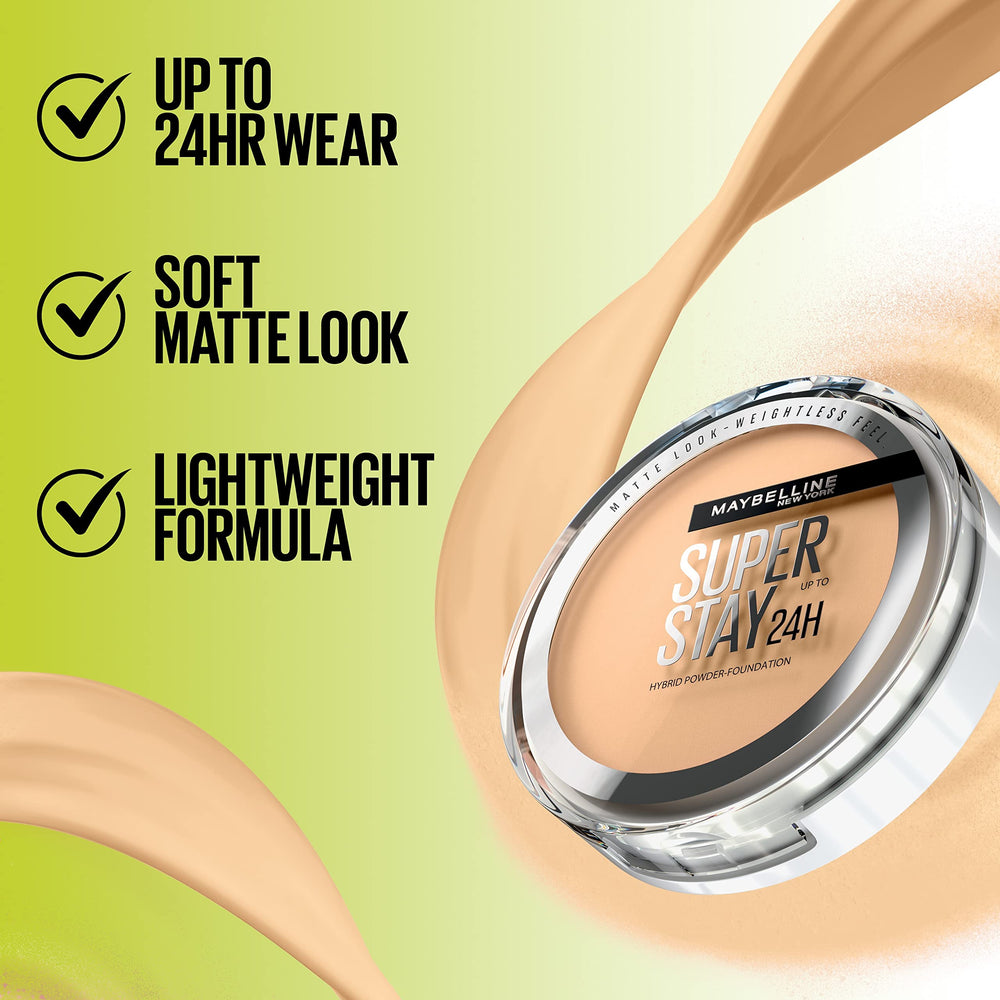 Maybelline Super Stay Hybrid Powder Foundation 16-shade display on skin tone gradient