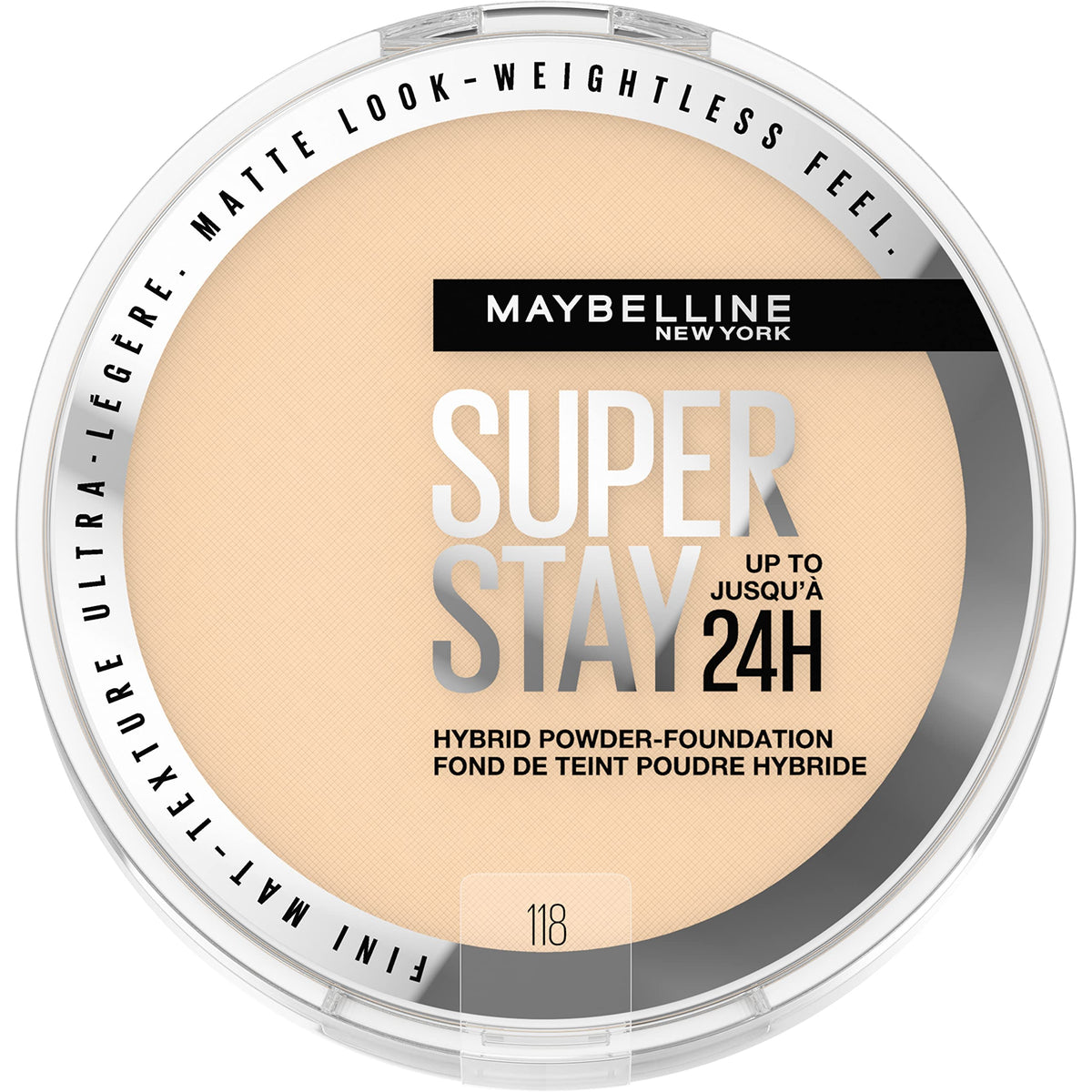 Maybelline Super Stay Hybrid Powder Foundation compact closeup with a matte finish