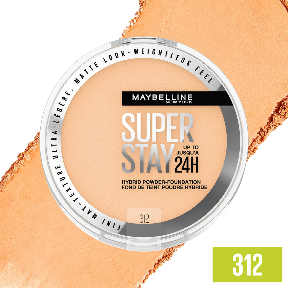 Maybelline Super Stay Hybrid Powder Foundation matte-finish close-up shows soft, natural look