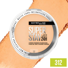 Maybelline Super Stay Hybrid Powder Foundation matte-finish close-up shows soft, natural look
