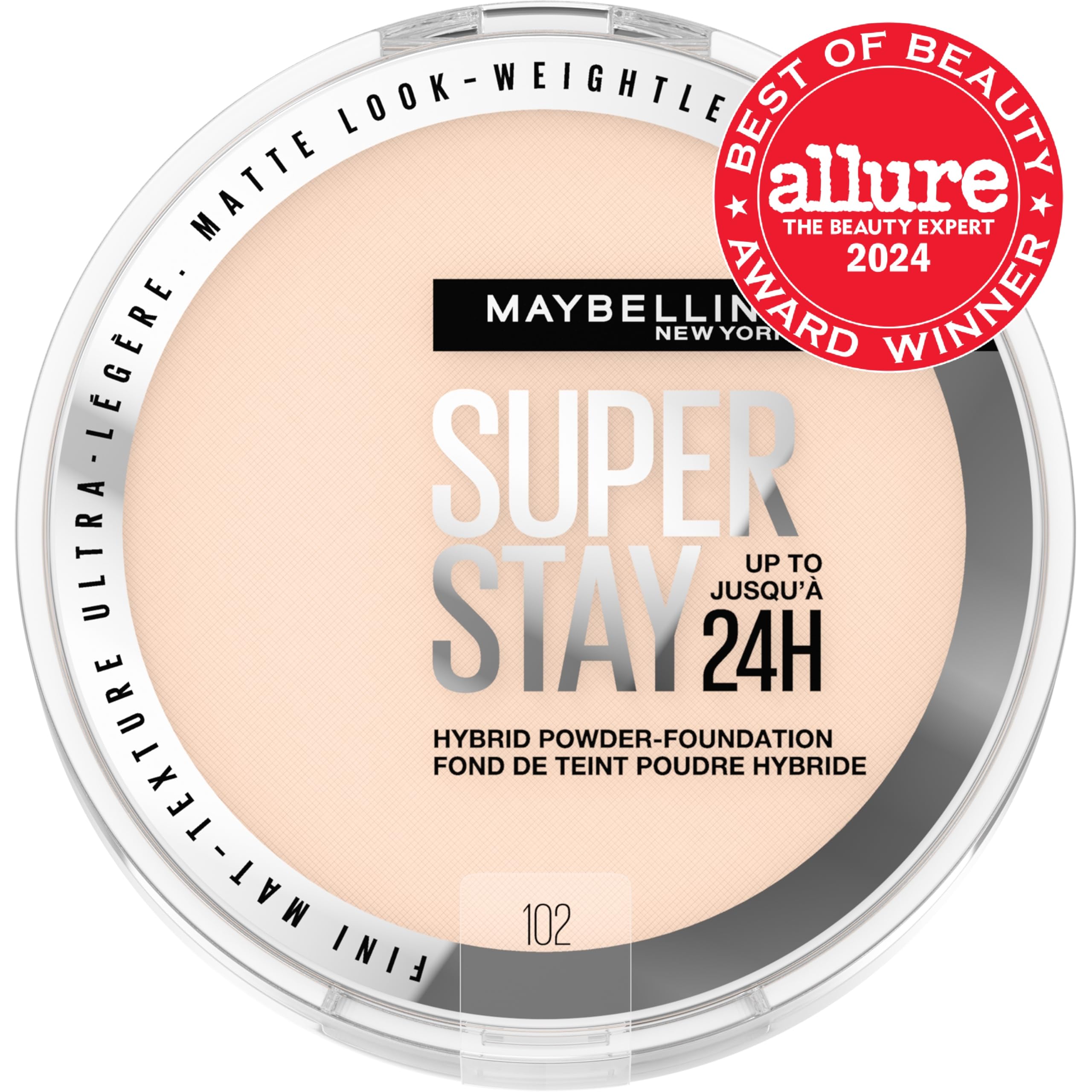 Maybelline Super Stay Hybrid Powder Foundation shade 102 swatch for medium-to-full coverage.